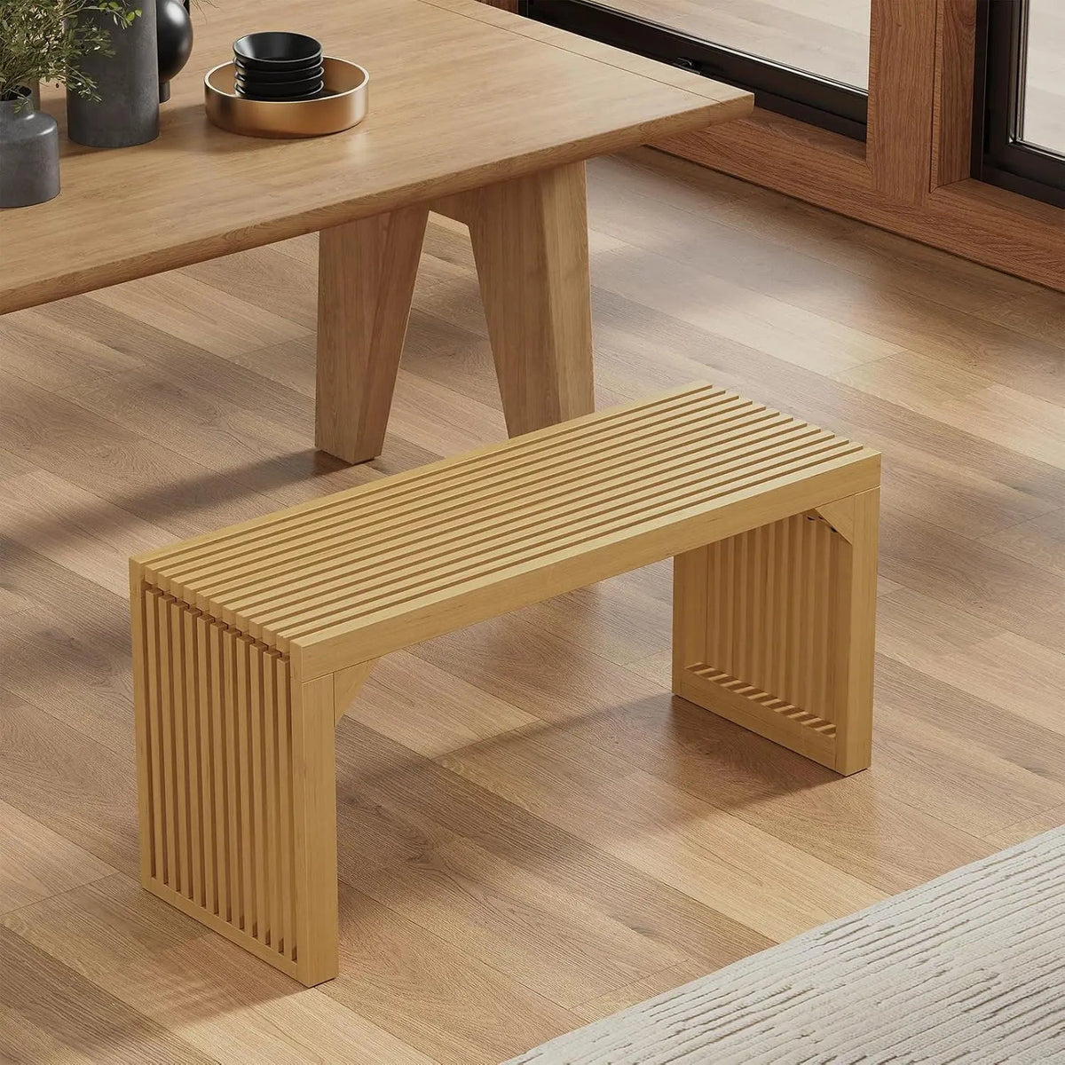 35" Wood Grille Dining Bench for Entryway, Kitchen and Living Room – view 2