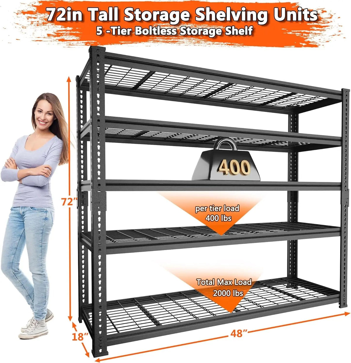 Heavy-Duty 5-Tier Metal Wire Storage Shelving Unit in Black – view 3