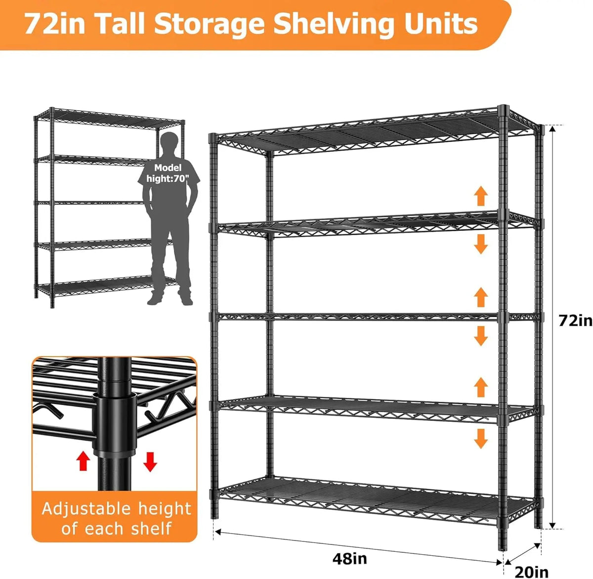 Heavy Duty 5-Tier Metal Storage Shelves, 48" L x 20" W x 72" H – view 3