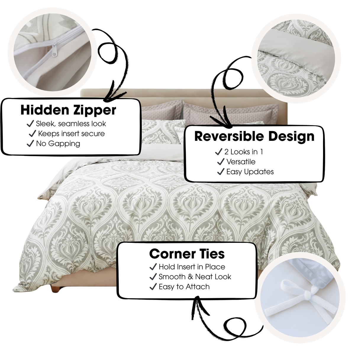 Dreamy Moon Sky Ogee Damask Reversible Duvet Cover in Gray and White – view 2