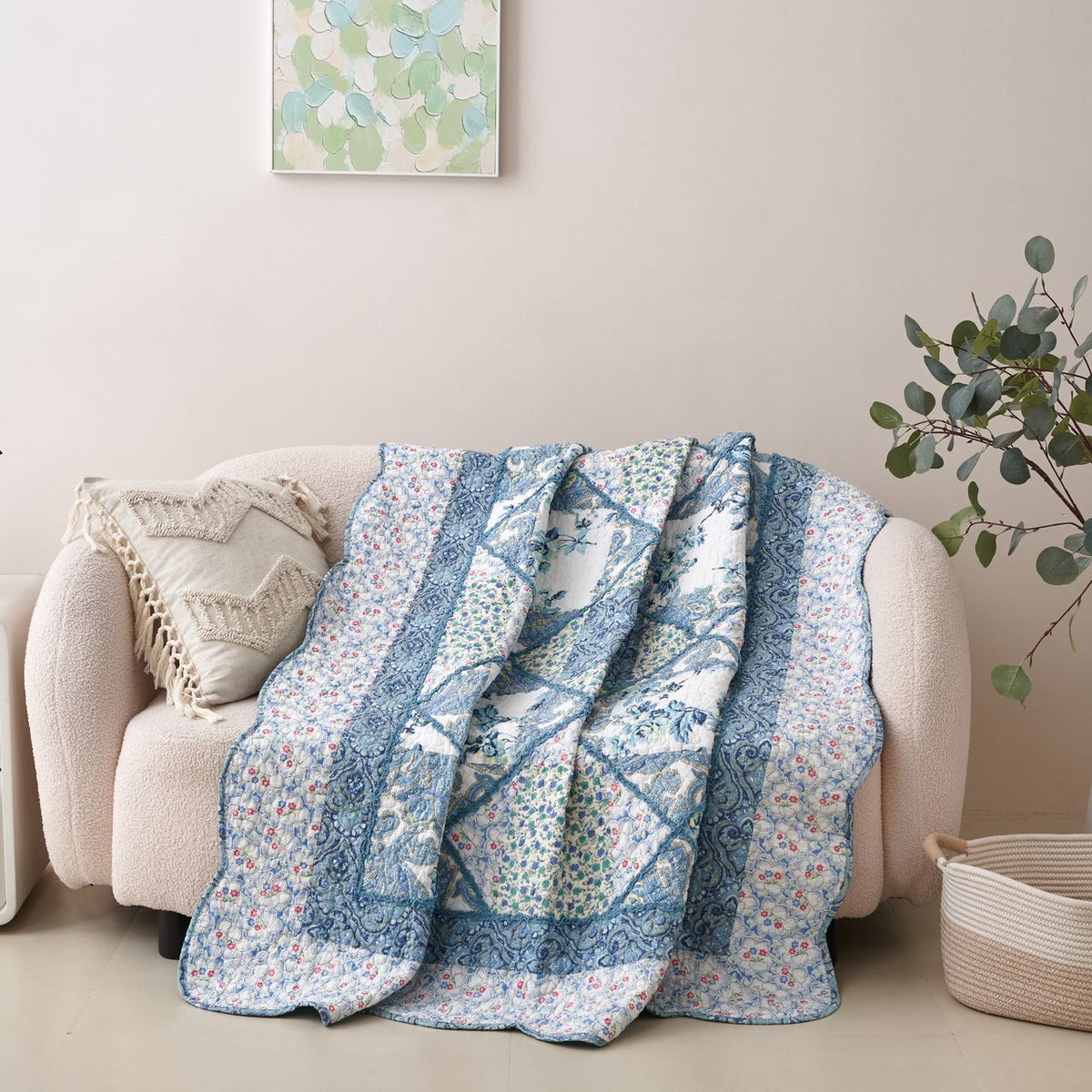 Petal Dance Blue and White Floral Cotton Patchwork Quilted Throw Blanket – view 6