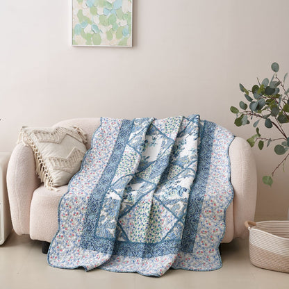 Petal Dance Blue and White Floral Cotton Patchwork Quilted Throw Blanket – view 6