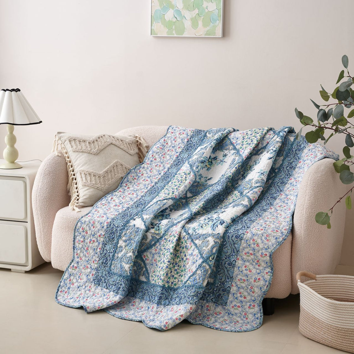 Petal Dance Blue and White Floral Cotton Patchwork Quilted Throw Blanket – view 7