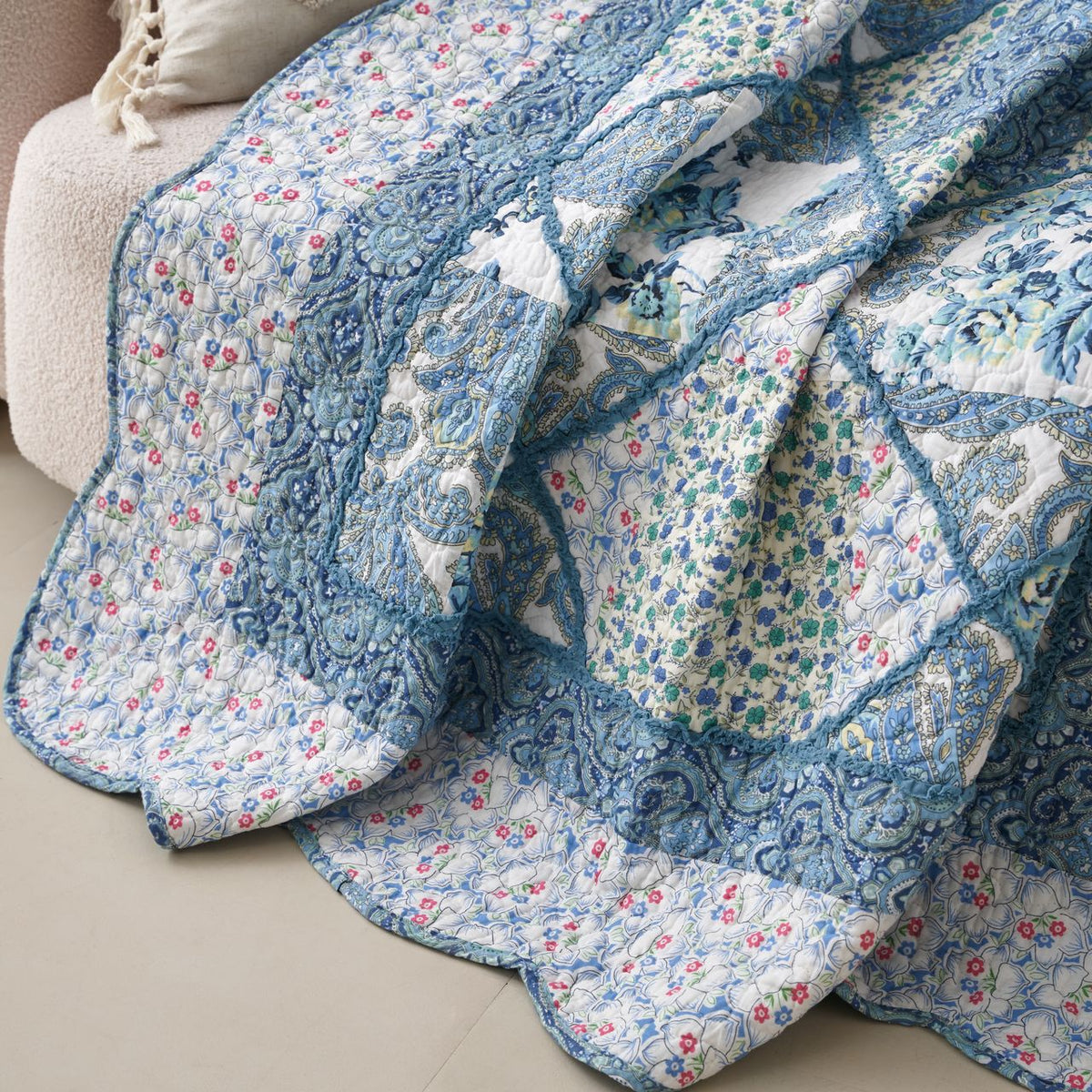 Petal Dance Blue and White Floral Cotton Patchwork Quilted Throw Blanket – view 8