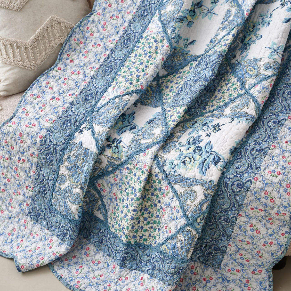 Petal Dance Blue and White Floral Cotton Patchwork Quilted Throw Blanket – view 9
