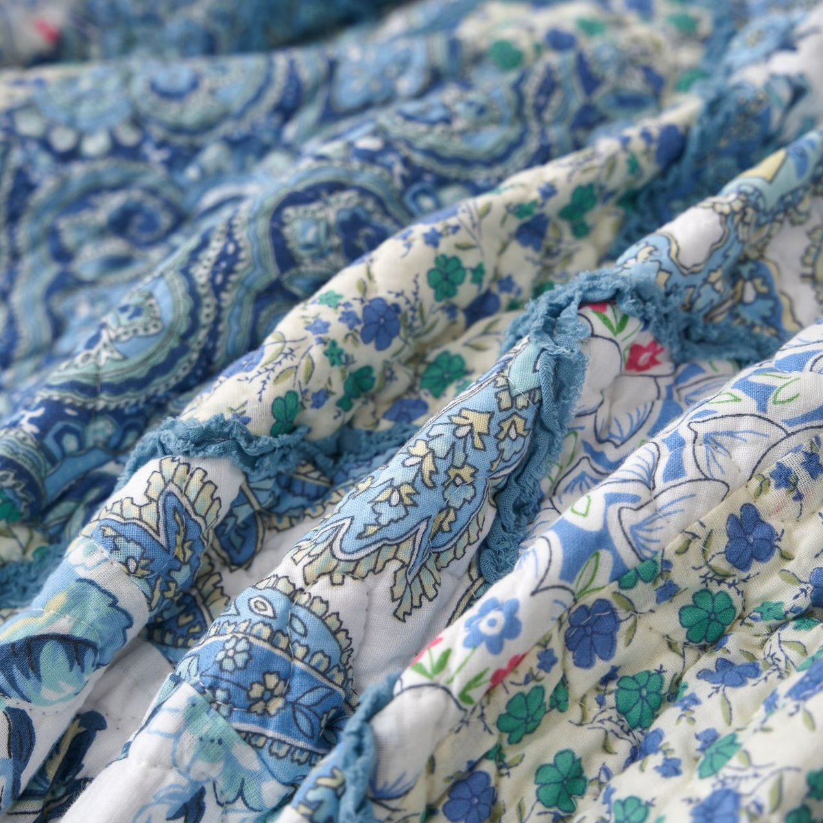 Petal Dance Blue and White Floral Cotton Patchwork Quilted Throw Blanket – view 10