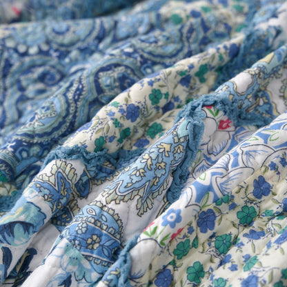 Petal Dance Blue and White Floral Cotton Patchwork Quilted Throw Blanket – view 10