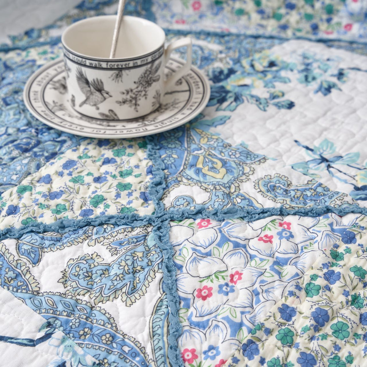 Petal Dance Blue and White Floral Cotton Patchwork Quilted Throw Blanket – view 2