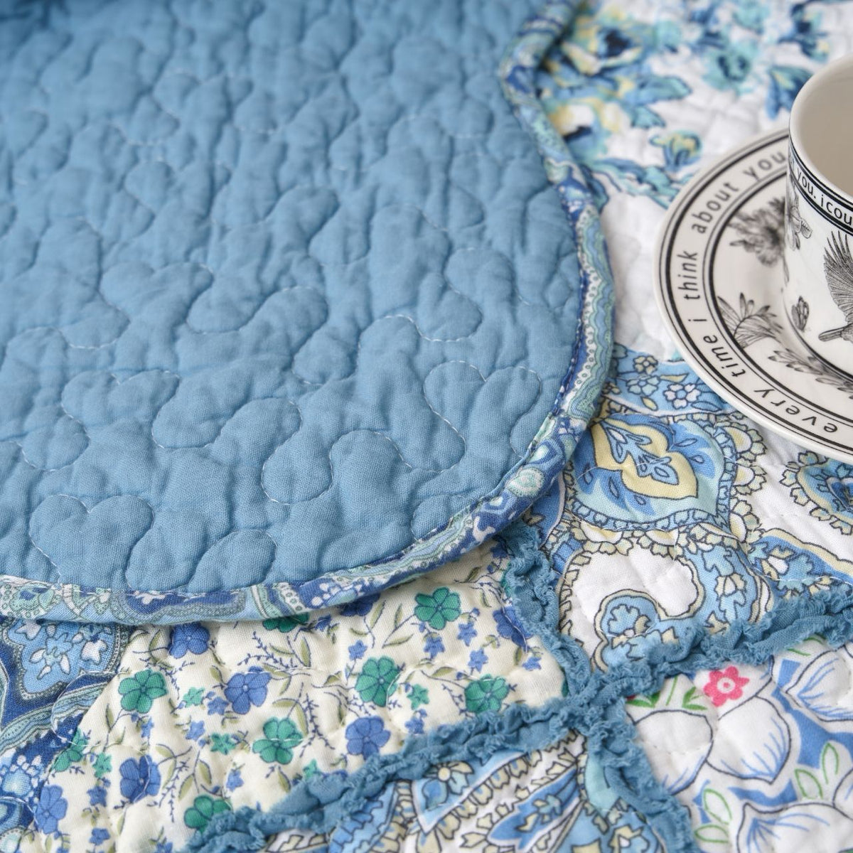 Petal Dance Blue and White Floral Cotton Patchwork Quilted Throw Blanket – view 3