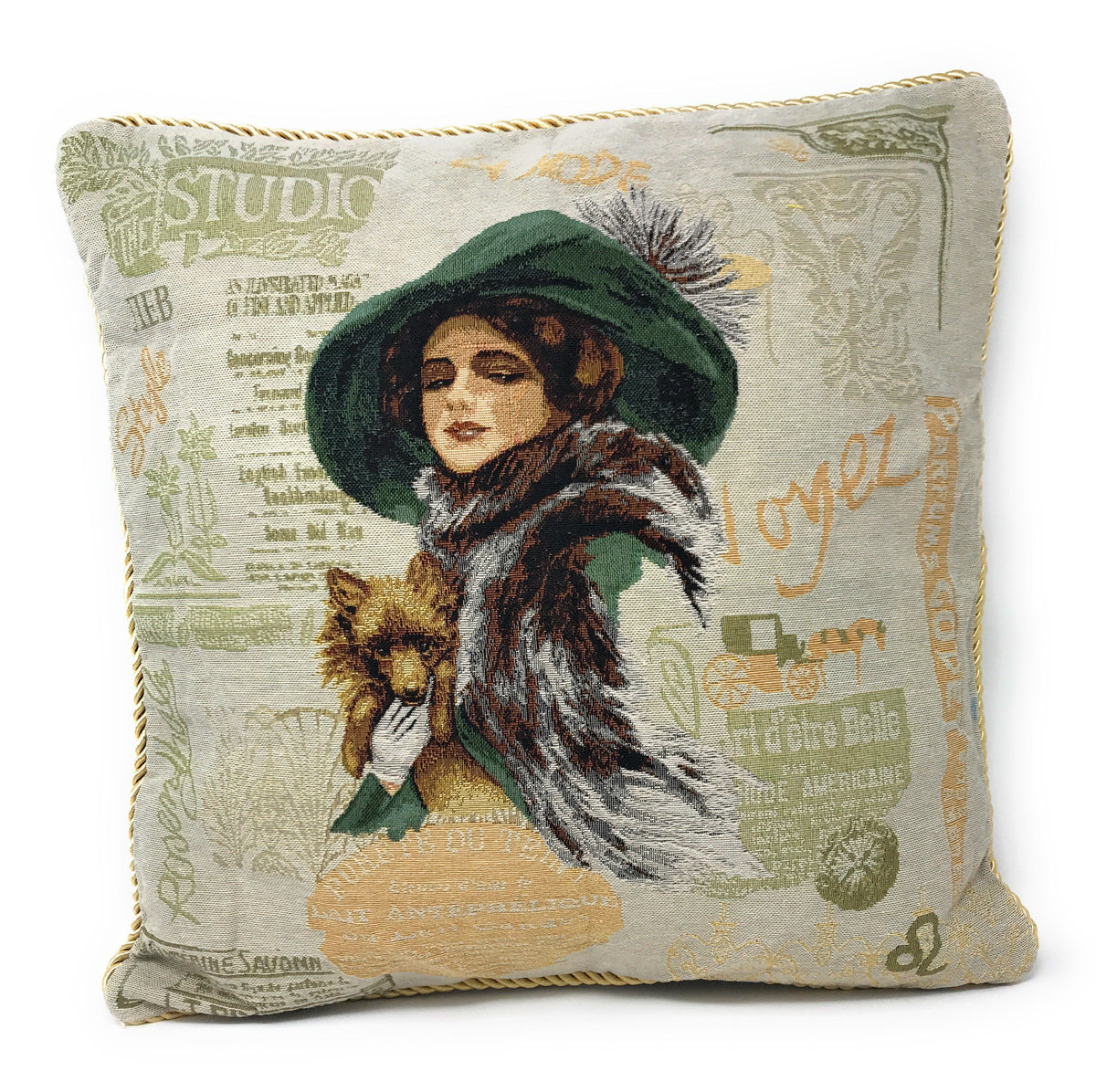 Emerald Green Tapestry Throw Pillow Cover with Puppy Day Out Motif