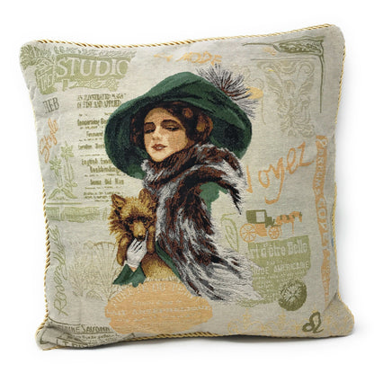 Emerald Green Tapestry Throw Pillow Cover with Puppy Day Out Motif
