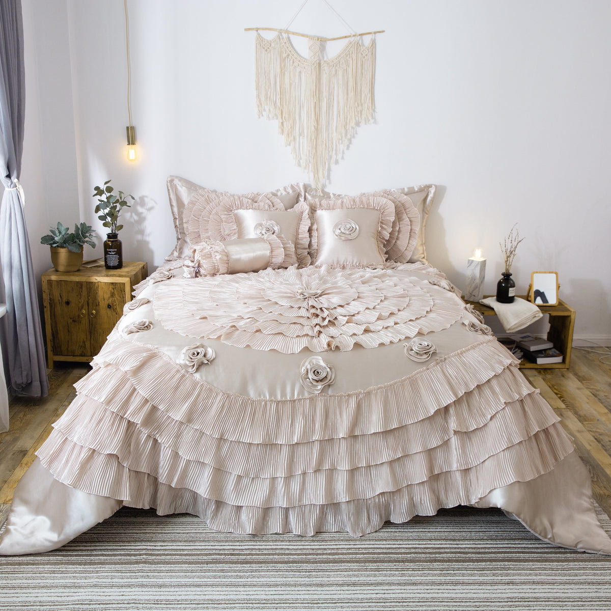 Frosted Field Champagne Beige Satin Ruffle Comforter Set – view 3