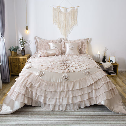Frosted Field Champagne Beige Satin Ruffle Comforter Set – view 3