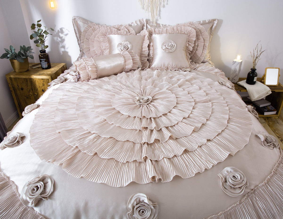 Frosted Field Champagne Beige Satin Ruffle Comforter Set – view 5