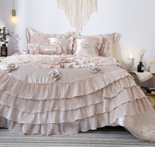 Satin Faux Silk Ruffle Floral Comforter Set, Champagne Beige