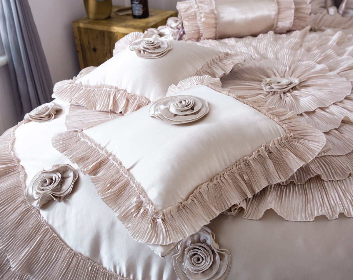 Frosted Field Champagne Beige Satin Ruffle Comforter Set – view 7