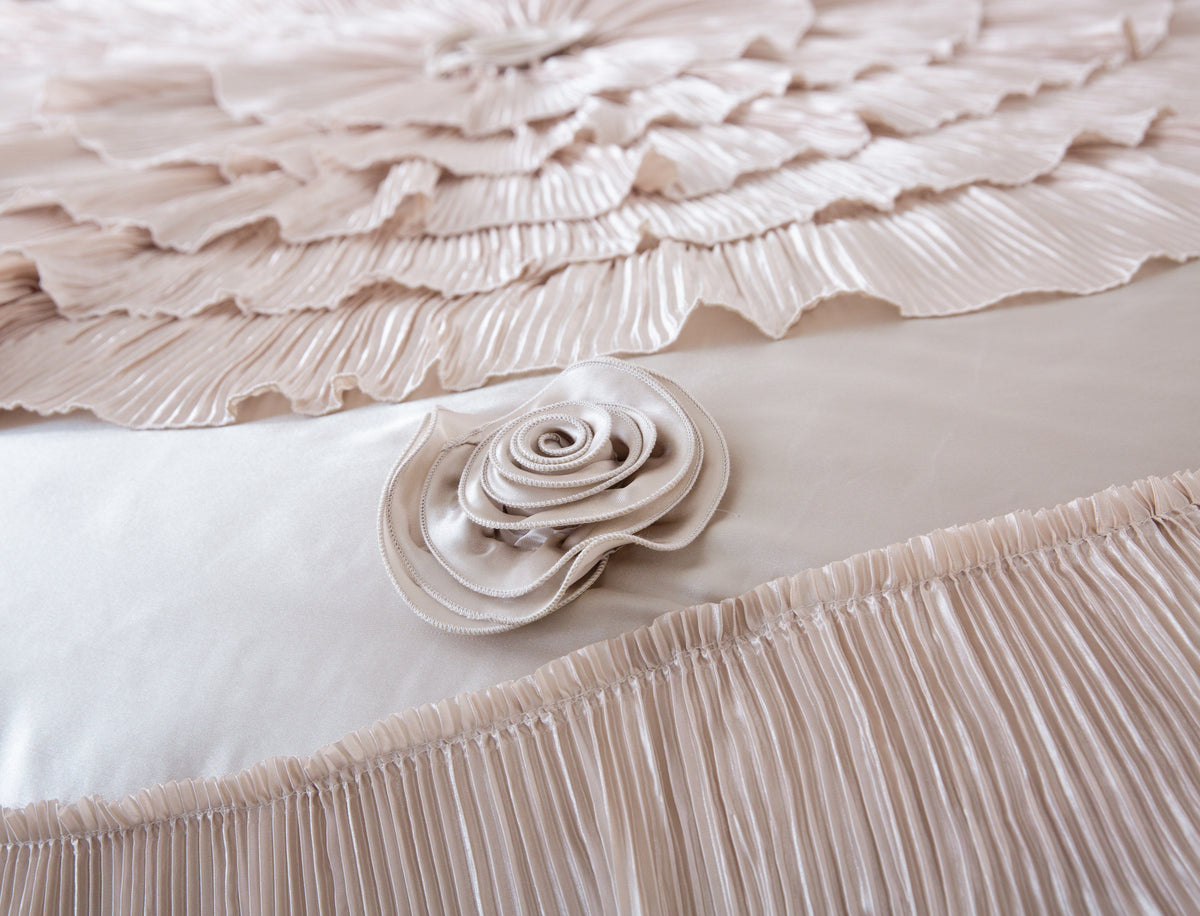 Frosted Field Champagne Beige Satin Ruffle Comforter Set – view 2