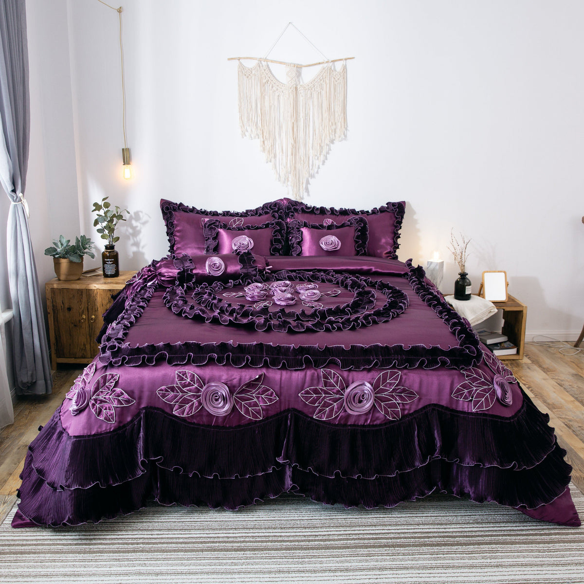 Midnight Bloom Dark Purple Satin Ruffle Floral Comforter Set – view 3