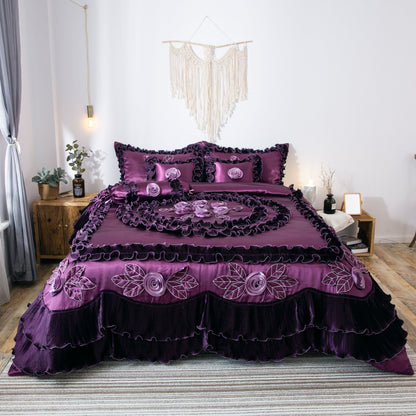 Midnight Bloom Dark Purple Satin Ruffle Floral Comforter Set – view 3