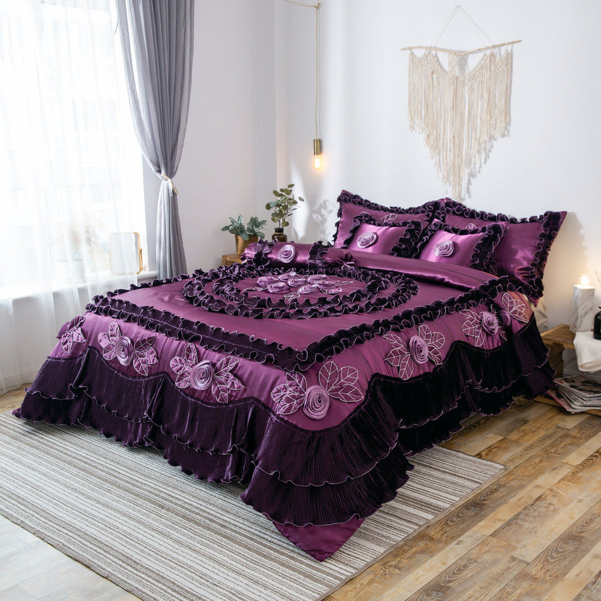 Midnight Bloom Dark Purple Satin Ruffle Floral Comforter Set – view 4