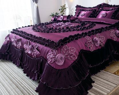 Midnight Bloom Dark Purple Satin Ruffle Floral Comforter Set – view 5
