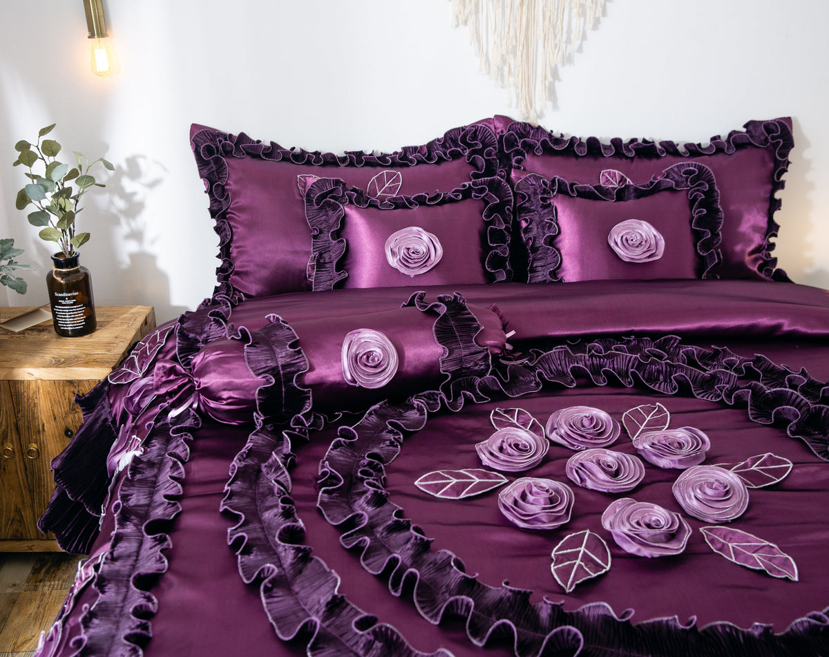 Midnight Bloom Dark Purple Satin Ruffle Floral Comforter Set – view 6