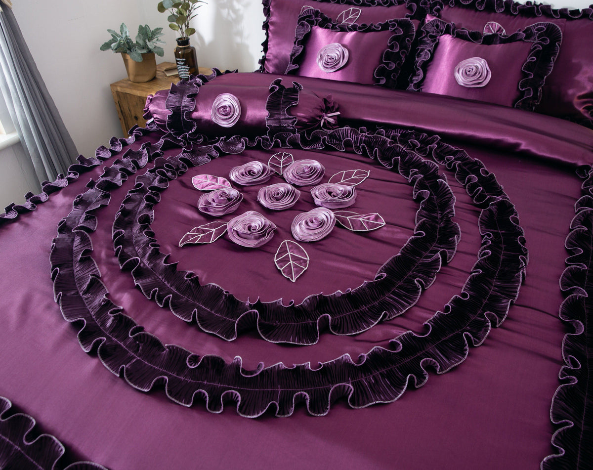Midnight Bloom Dark Purple Satin Ruffle Floral Comforter Set – view 10
