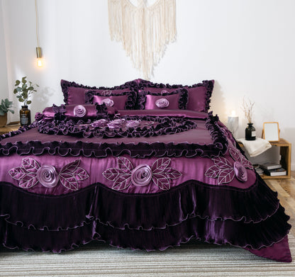 Dark Purple Satin Ruffle Comforter with Midnight Bloom Detail