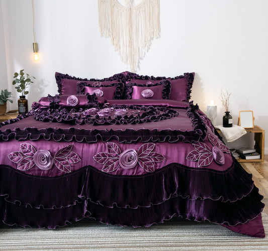 Dark Purple Satin Ruffle Comforter with Midnight Bloom Detail