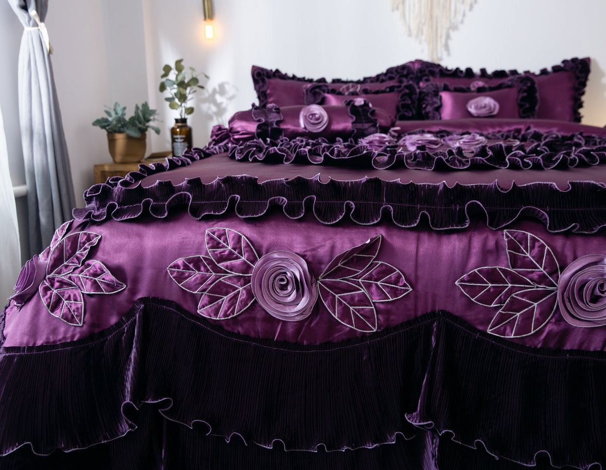 Midnight Bloom Dark Purple Satin Ruffle Floral Comforter Set – view 11