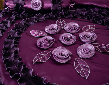 Midnight Bloom Dark Purple Satin Ruffle Floral Comforter Set – view 2