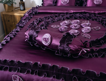 Midnight Bloom Dark Purple Satin Ruffle Floral Comforter Set – view 7