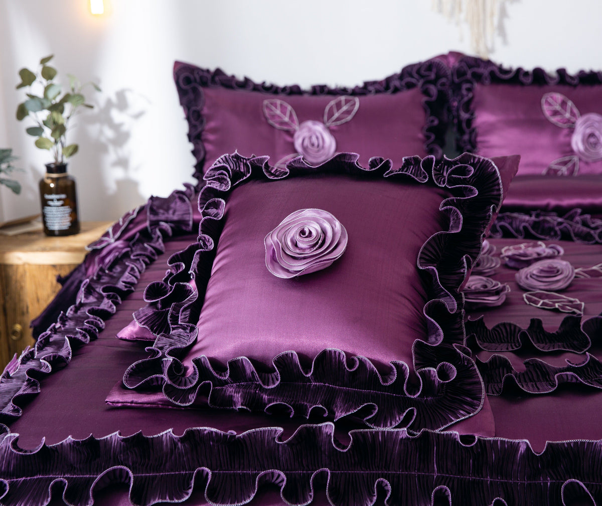 Midnight Bloom Dark Purple Satin Ruffle Floral Comforter Set – view 8