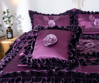 Midnight Bloom Dark Purple Satin Ruffle Floral Comforter Set – view 8