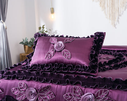 Midnight Bloom Dark Purple Satin Ruffle Floral Comforter Set – view 9