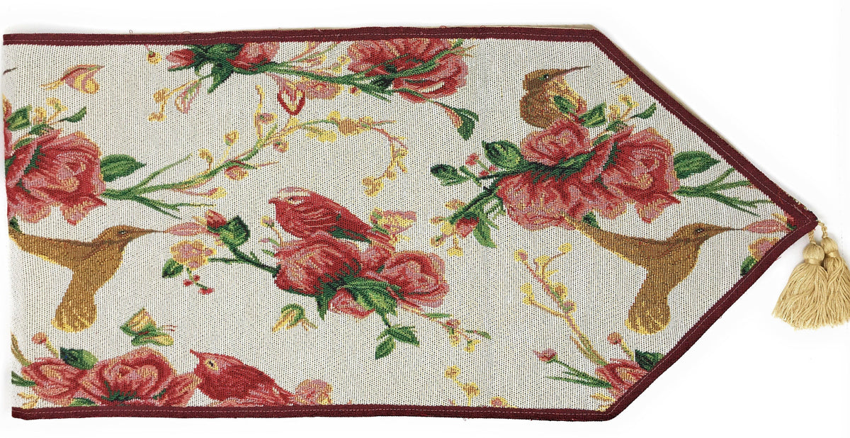 Red Roses and Finches Ivory Woven Tapestry Table Runner – view 2