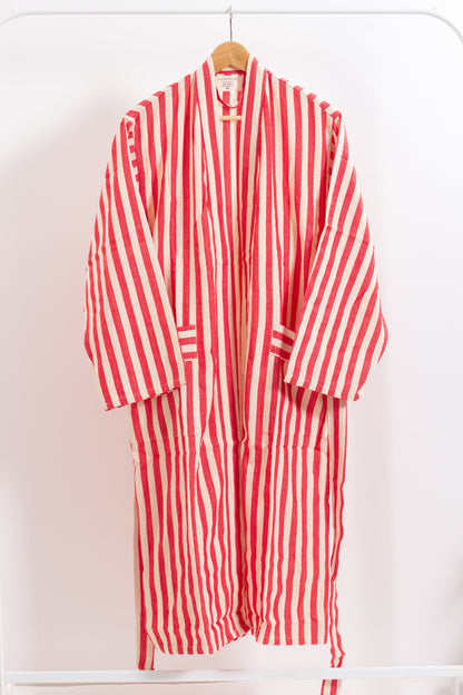 Red Girit Cotton Linen Turkish Robe with Pockets and Belt – view 6