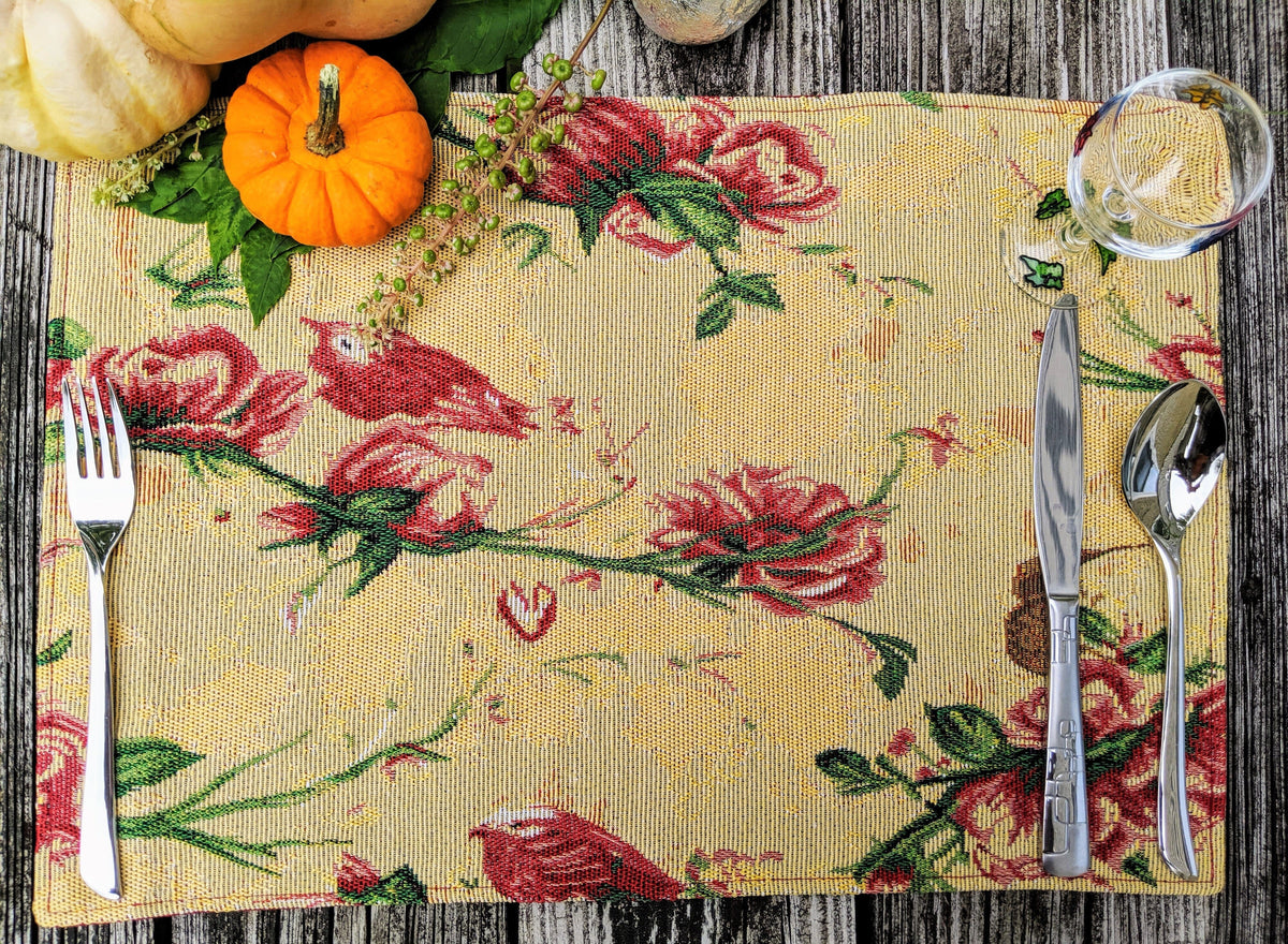 Red Roses and Finches Golden Woven Tapestry Placemat Set – view 3