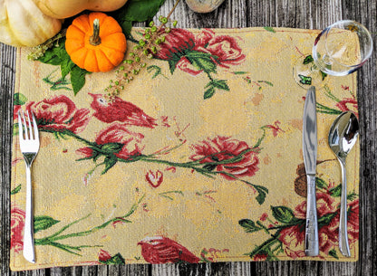 Red Roses and Finches Golden Woven Tapestry Placemat Set – view 3