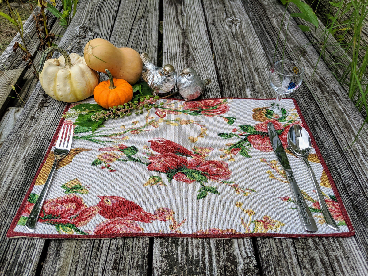 Floral Woven Tapestry Placemat Set with Roses and Finches – view 6