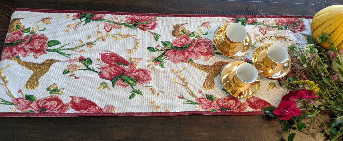 Red Roses and Finches Ivory Woven Tapestry Table Runner – view 4