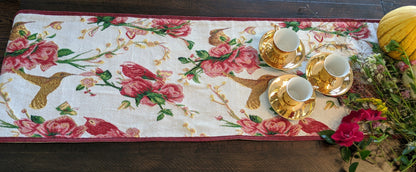 Red Roses and Finches Ivory Woven Tapestry Table Runner – view 4