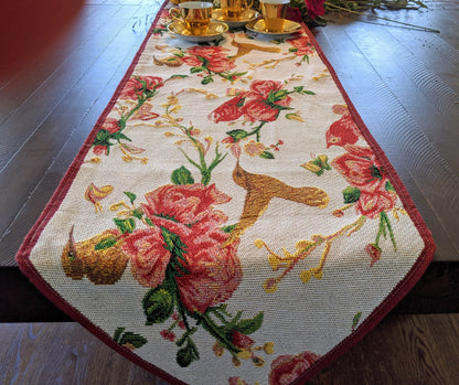 Red Roses and Finches Ivory Woven Tapestry Table Runner – view 5