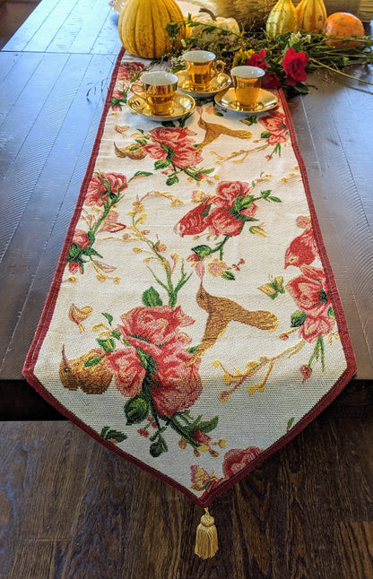 Red Roses and Finches Ivory Woven Tapestry Table Runner – view 6