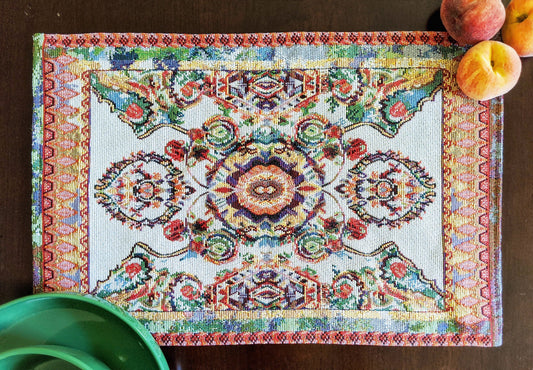 Woven Tapestry Placemat Set with Coral Multi-Color Medallion Design