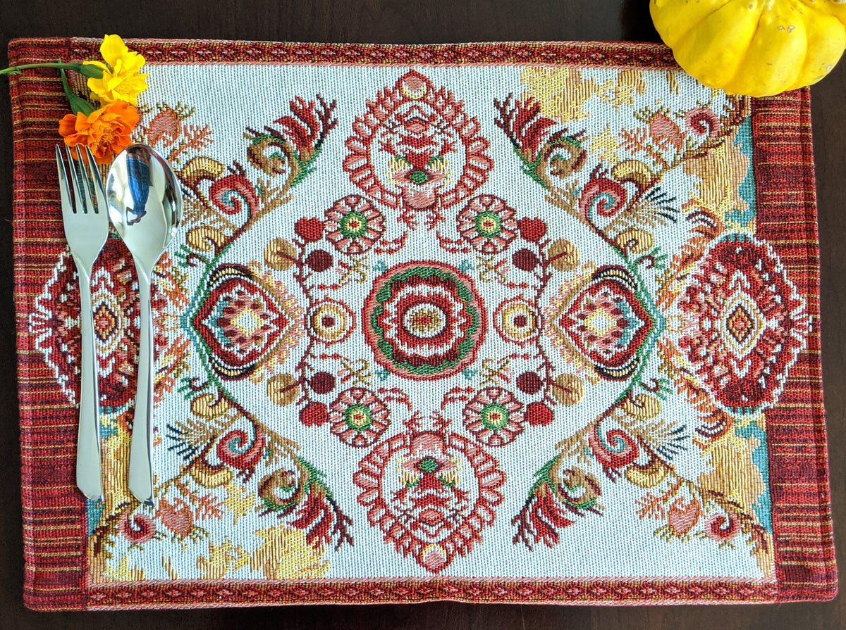 Woven Tapestry Placemats with Ornate Paisley Medallion