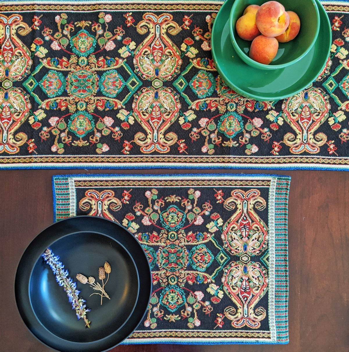 Elegant Black Ornate Paisley Woven Tapestry Table Runner – view 3