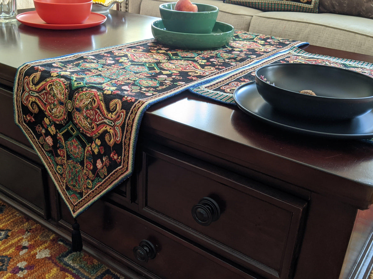 Elegant Black Ornate Paisley Woven Tapestry Table Runner – view 5