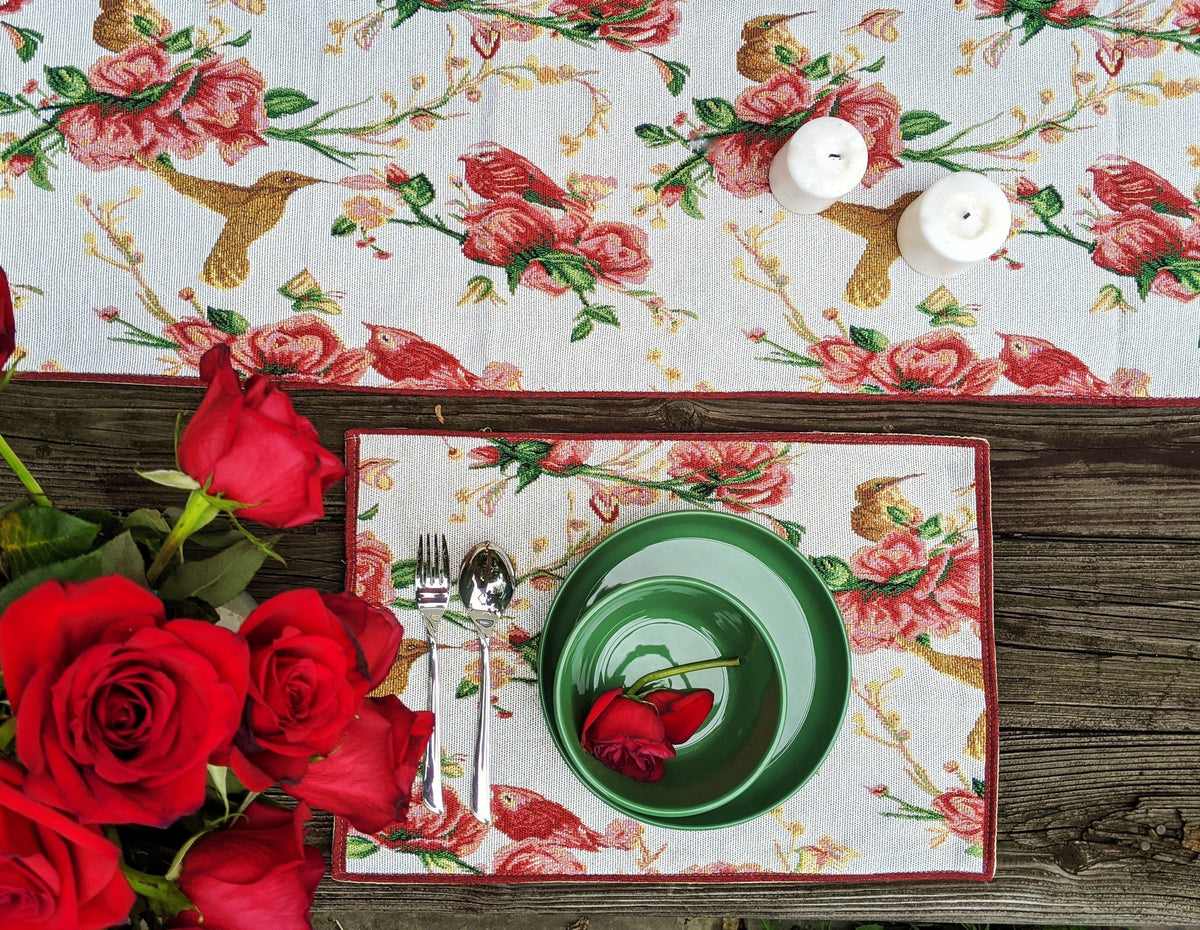 Floral Woven Tapestry Placemat Set with Roses and Finches – view 5