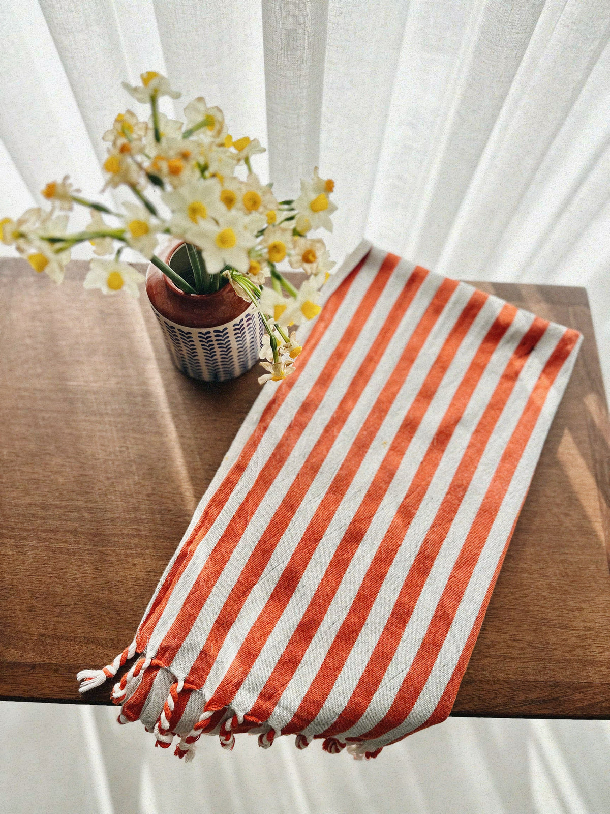 Girit Burgundy Cotton Linen Turkish Towel, Rust and Cream Stripe – view 2